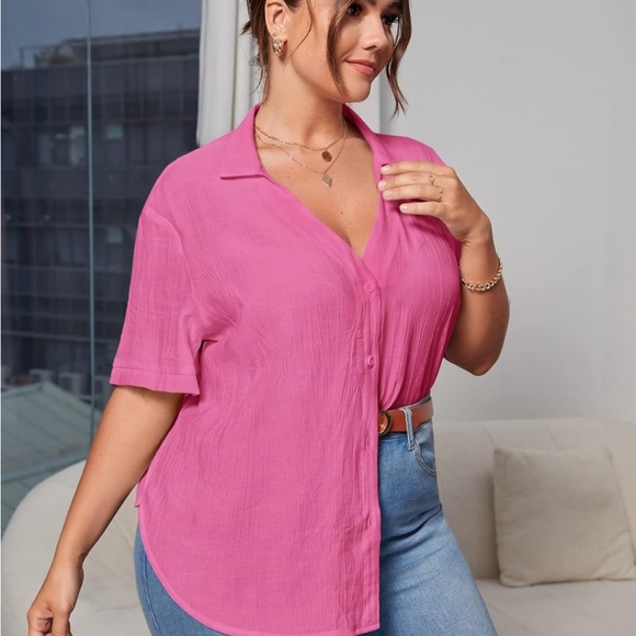 MakeMeChic Women's Plus Size Casual Solid Short Sleeve V Neck Button Down Shirt - Picture 3 of 6